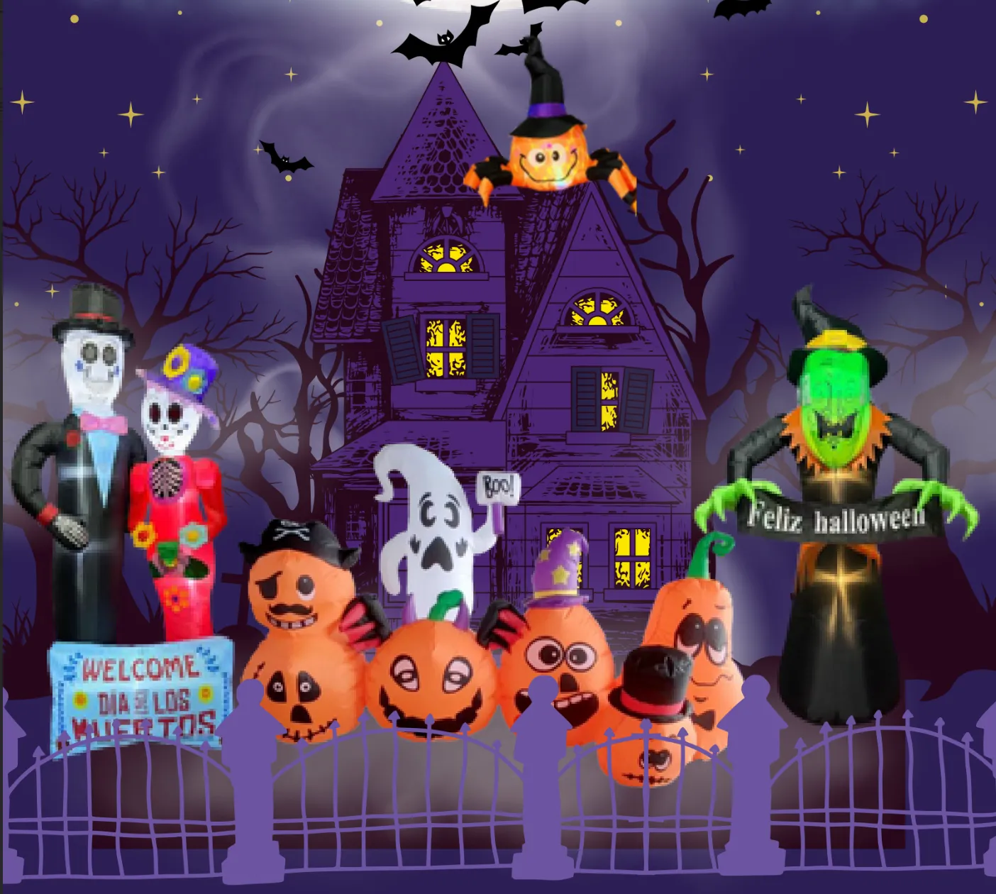 Inflables de Halloween y Día de Muertos: calabazas, fantasma, catrines y bruja frente a una casa embrujada