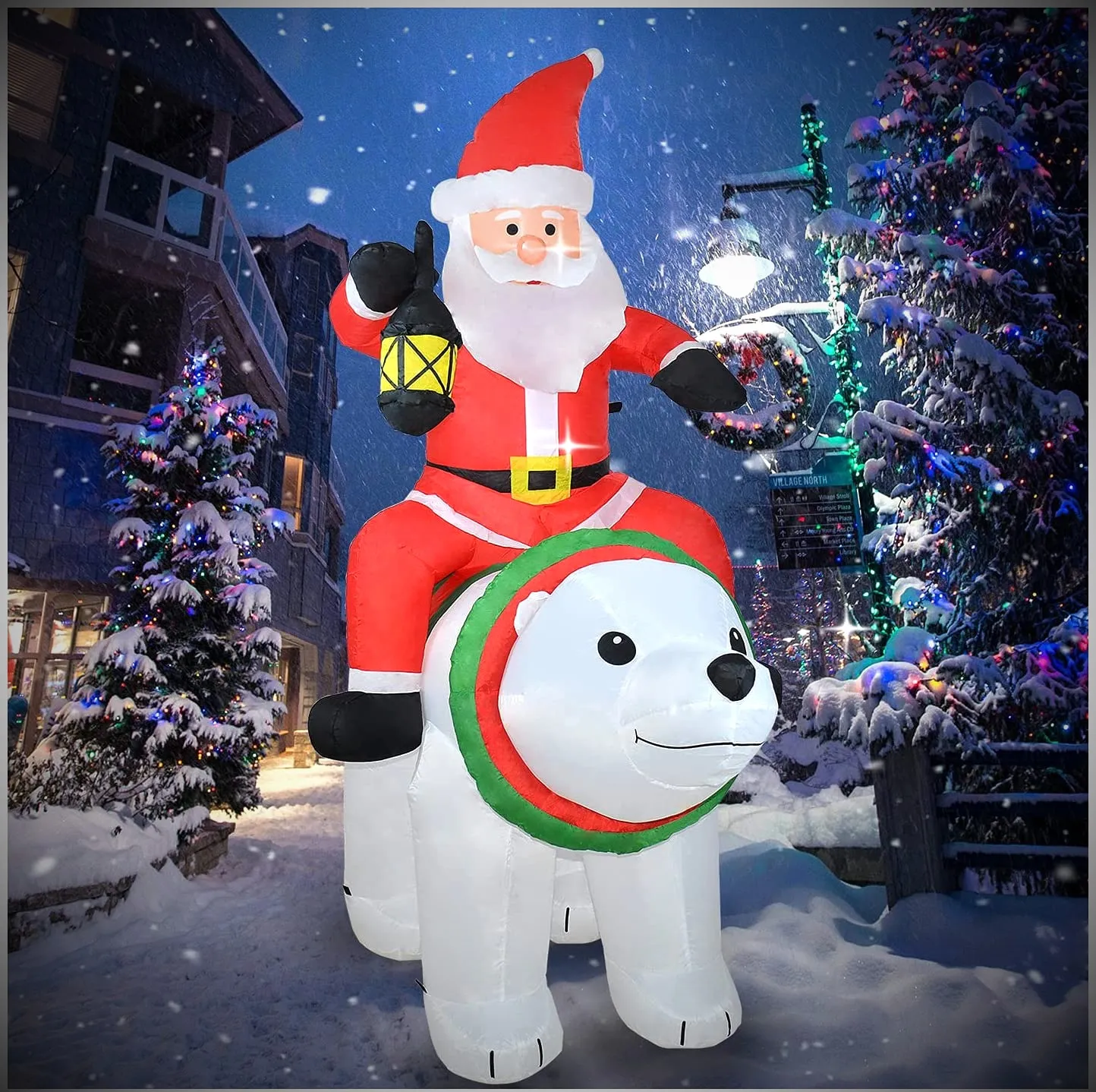Inflable de Santa Claus sobre un oso polar